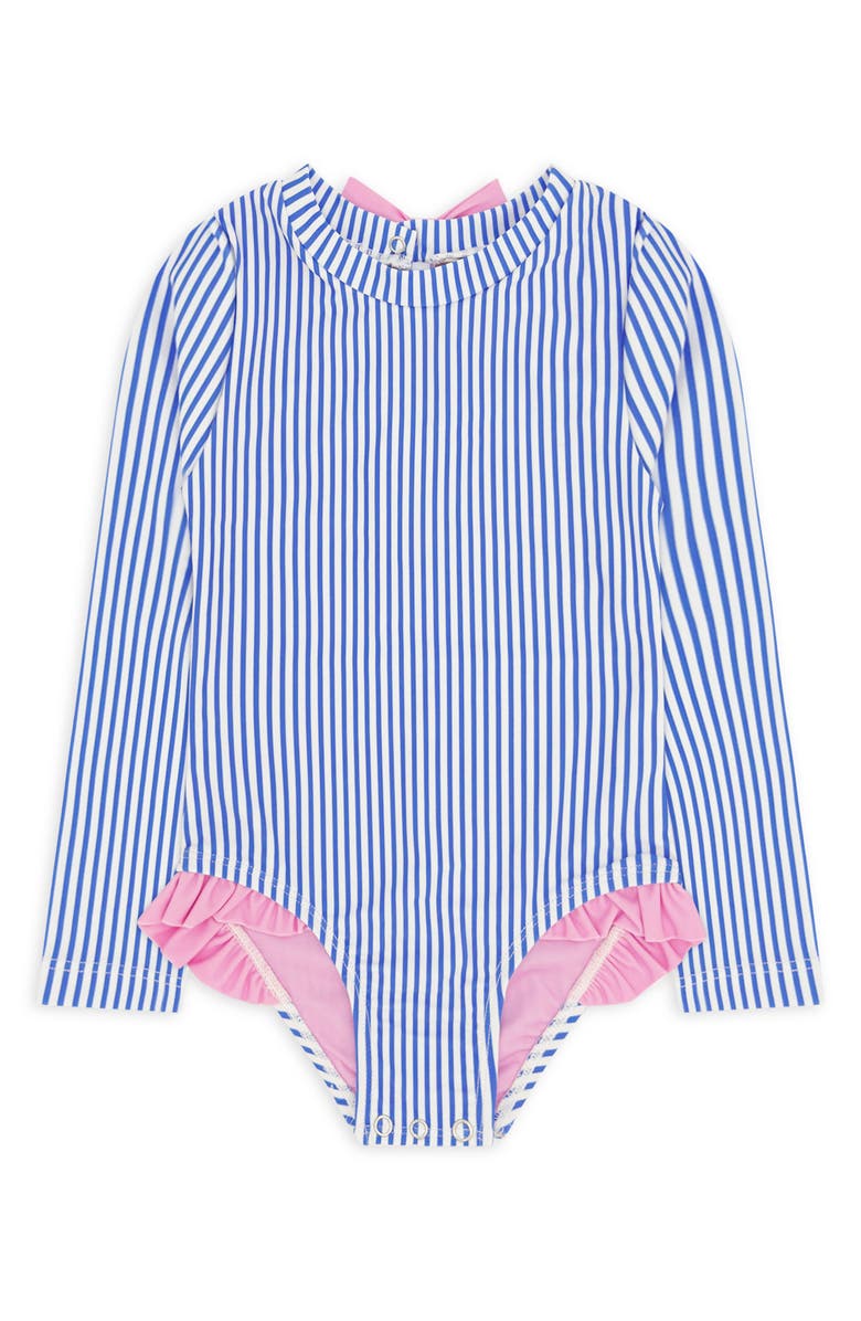 Feather 4 Arrow Kids' Stripe Ruffle Long Sleeve UPF 50+ One-Piece Rashguard Swimsuit, Main, color, Marina Blue