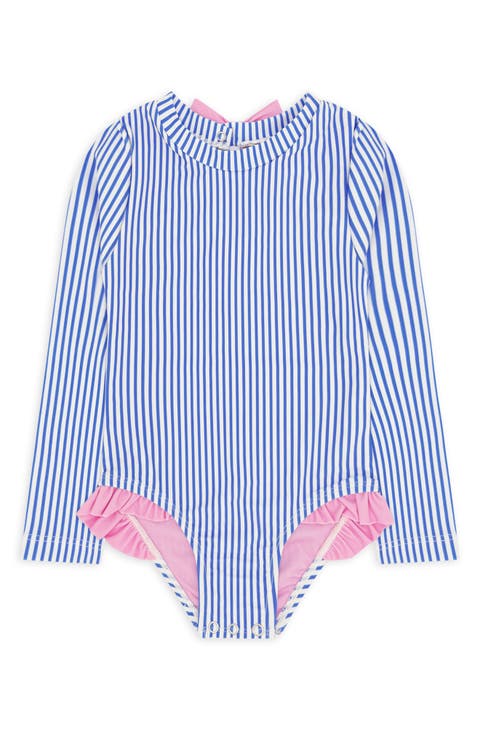 Kids' Stripe Ruffle Long Sleeve UPF 50+ One-Piece Rashguard Swimsuit (Little Kid & Big Kid)