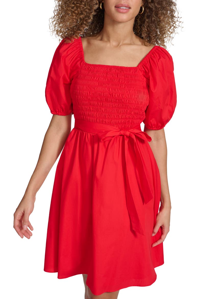 Puff Sleeve Cotton Dress, Alternate, color, RED