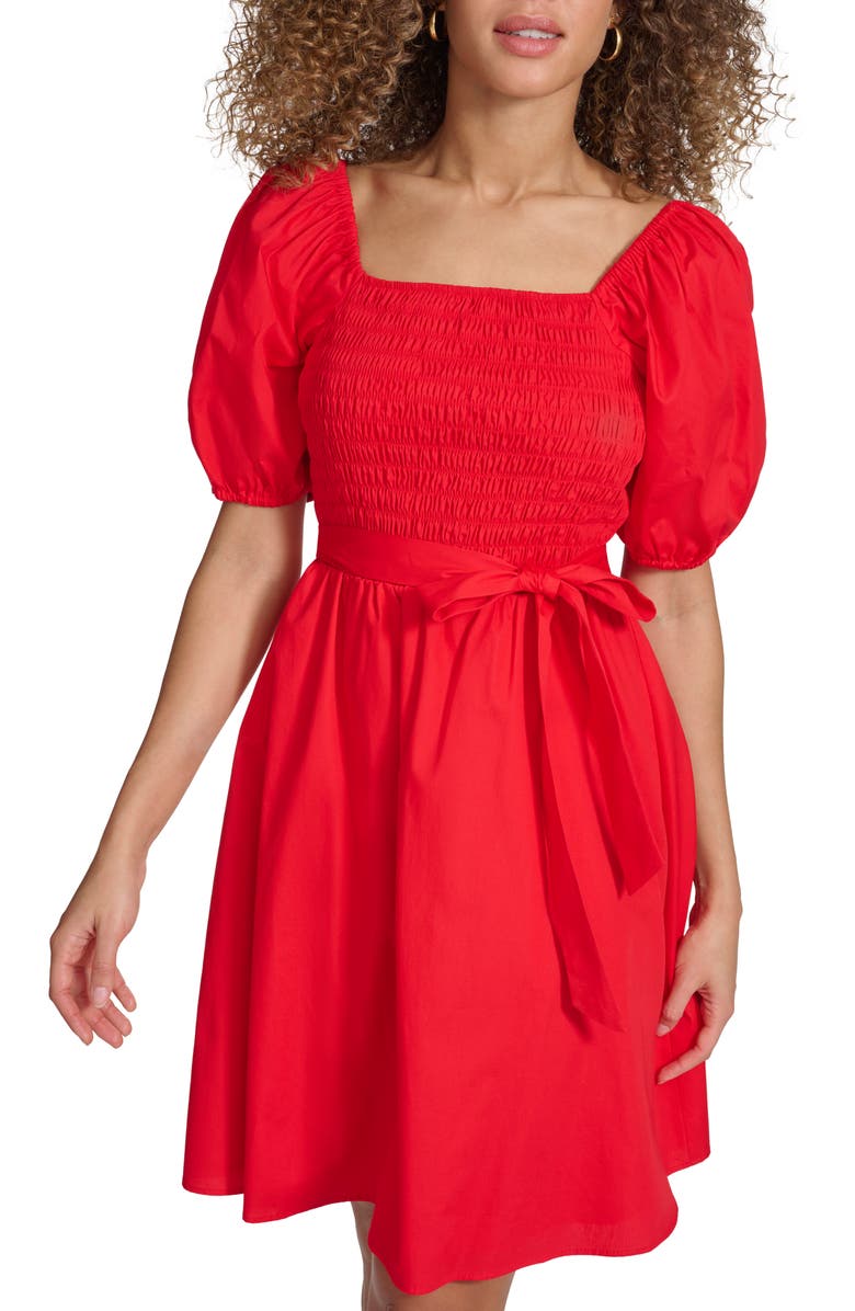 Kensie Puff Sleeve Cotton Dress, Alternate, color, Red