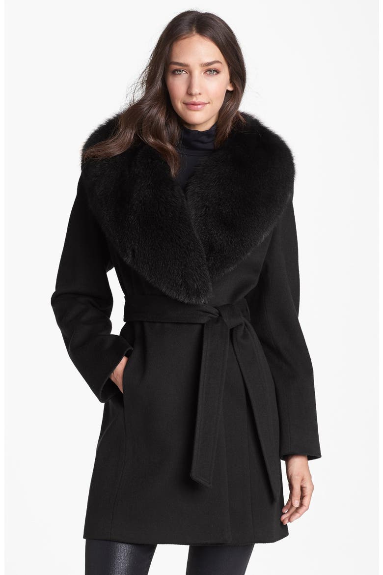 Loro Piana Wool Coat with Genuine Fox Fur, Main, color, BLACK