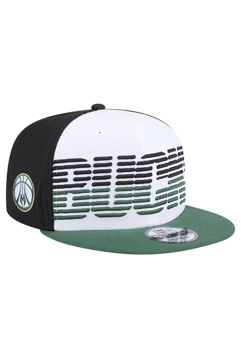 Men's New Era White/Hunter Green Milwaukee Bucks Throwback Gradient Tech Font 9FIFTY Snapback Hat, Main, color, White