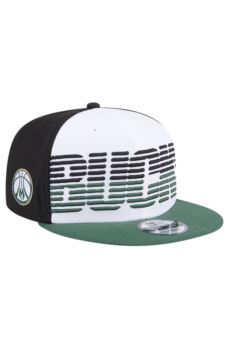 New Era Men's New Era White/Hunter Green Milwaukee Bucks Throwback Gradient Tech Font 9FIFTY Snapback Hat, Main, color, White