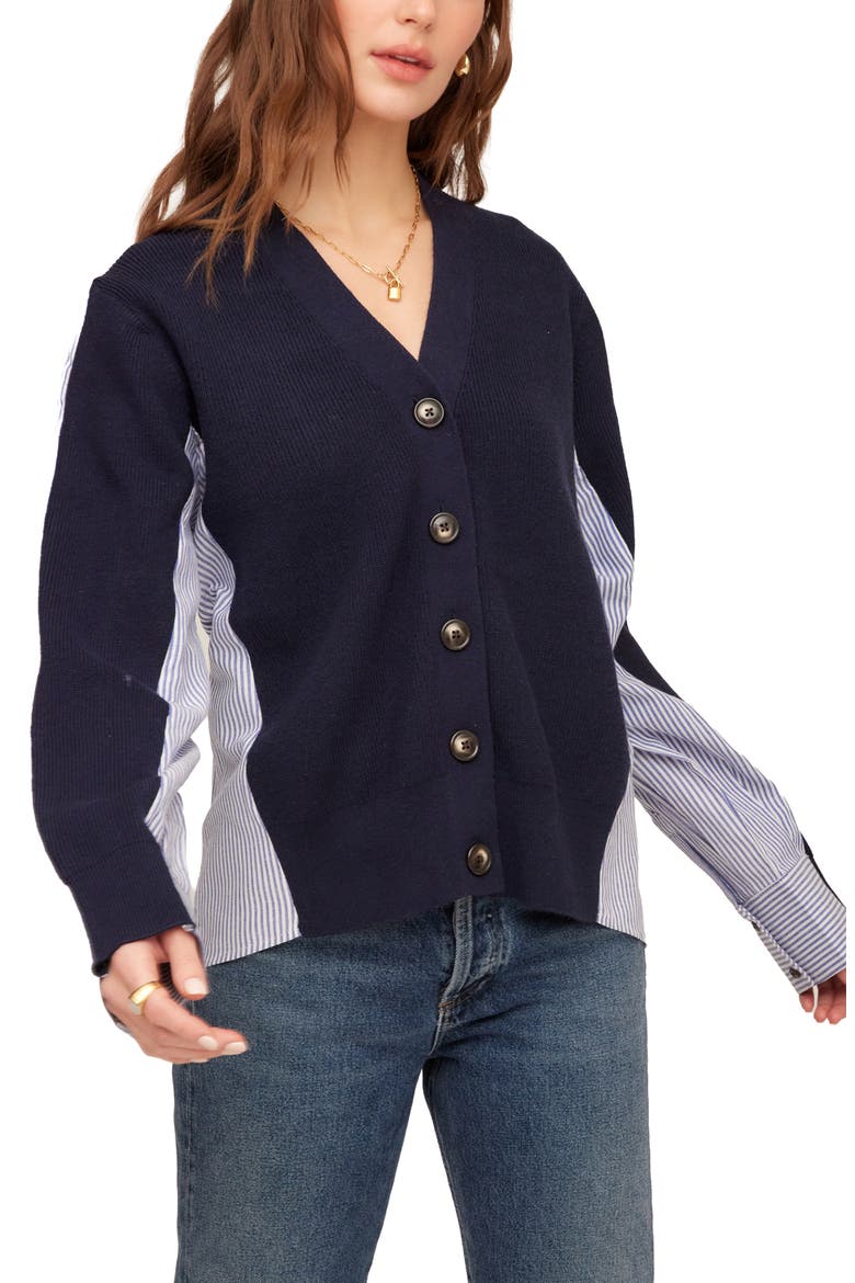 Celine Mixed Media Cardigan, Main, color, NAVY
