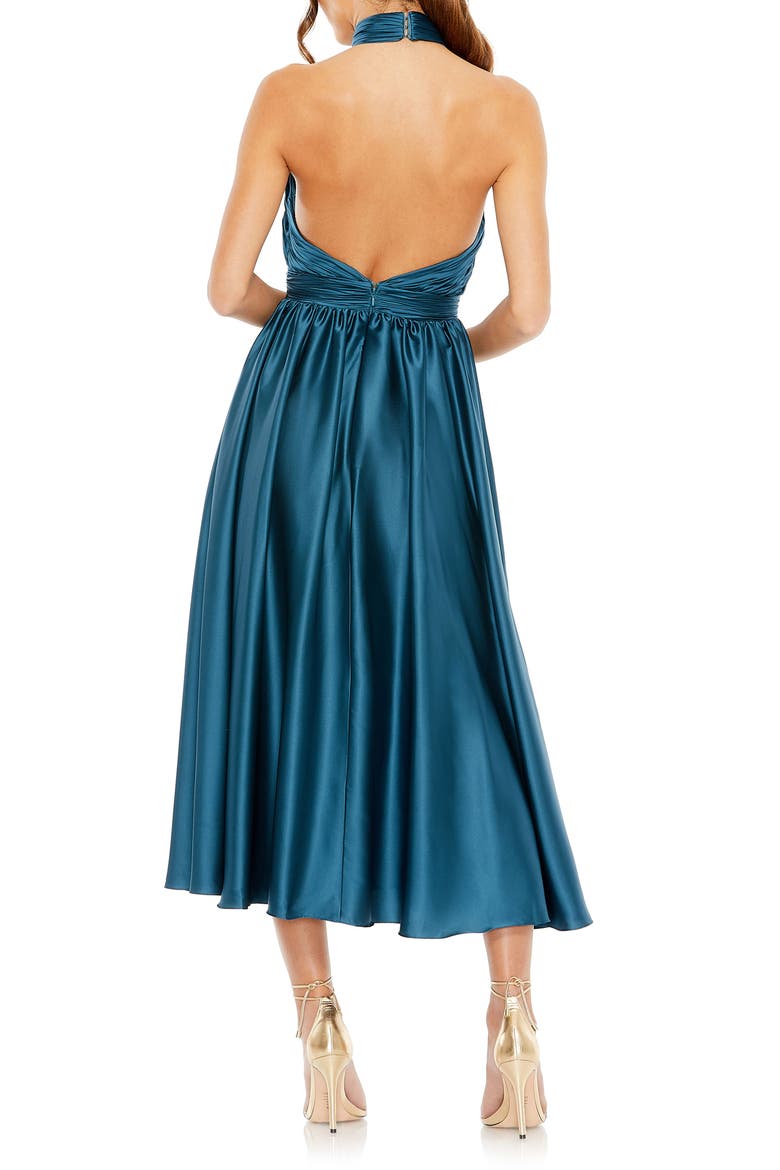 Pleated Charmeuse High Neck Sleeveless Midi Dress, Alternate, color, OCEAN