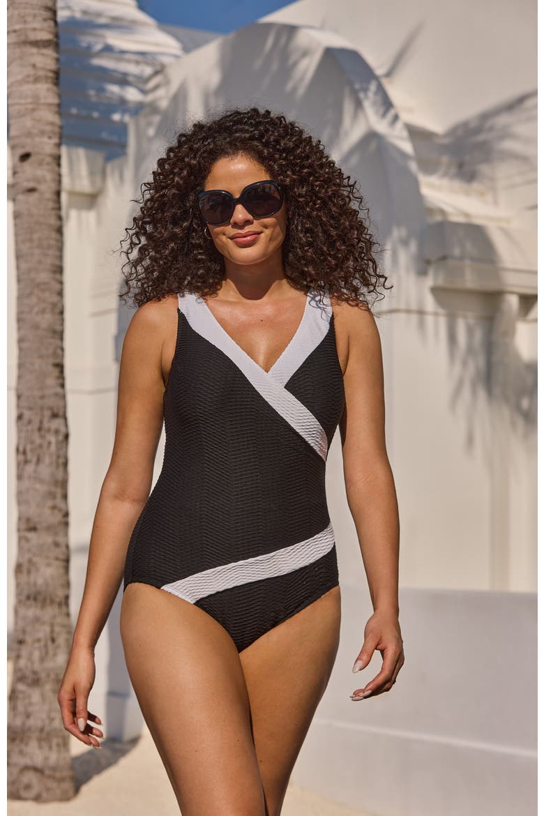 Pide Side Shirred Surplice Long Torso One-Piece Swimsuit, Alternate, color, Texture Luxe