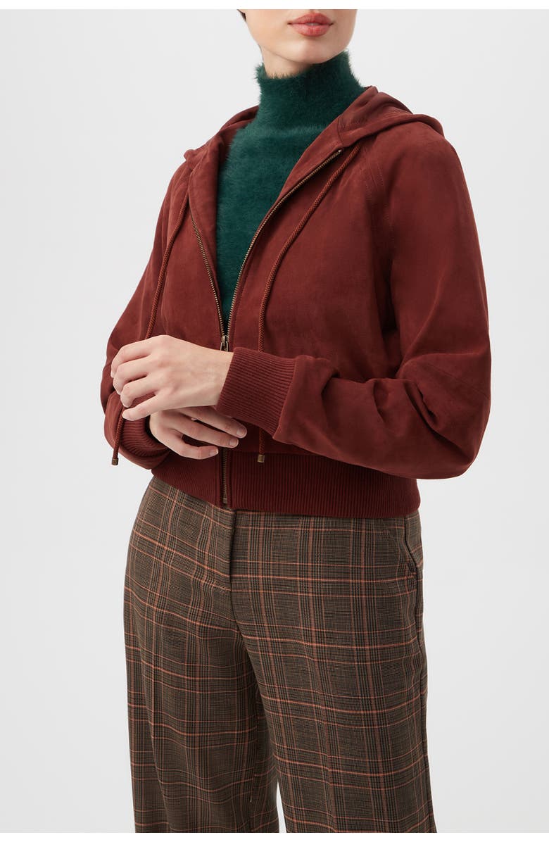 Trina Turk Dalma Suede Hooded Jacket, Alternate, color, Mahogany
