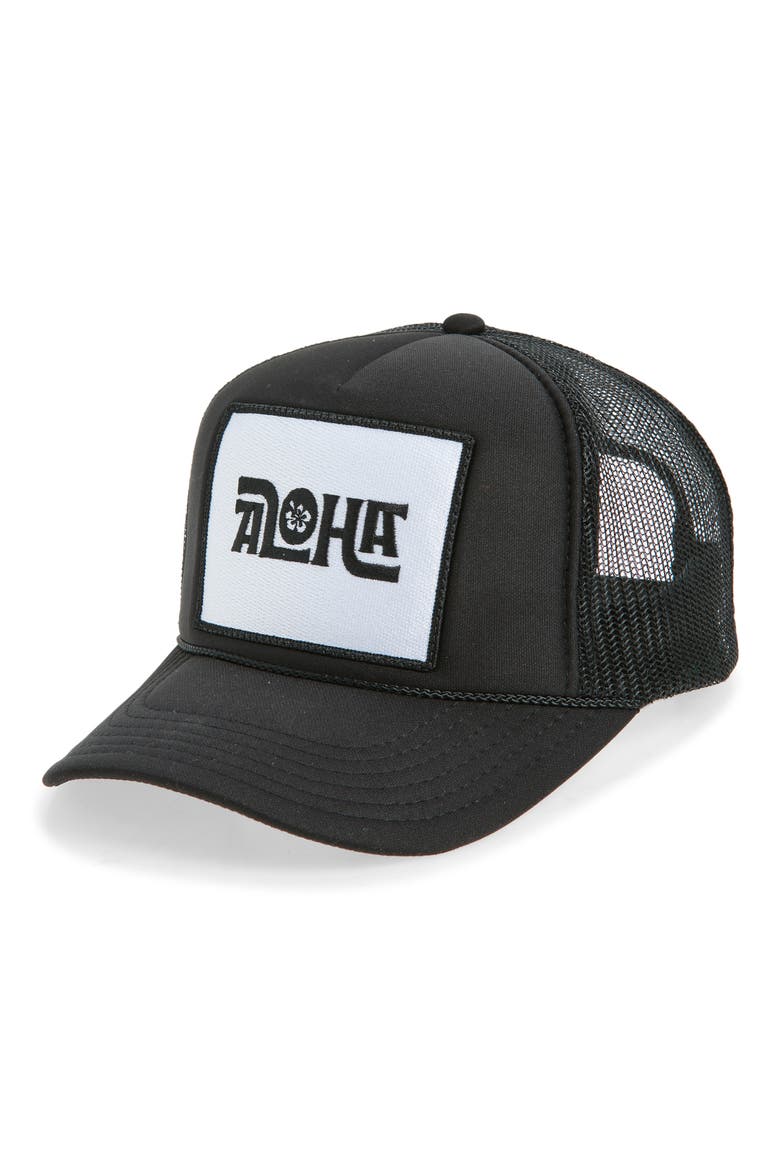 Aloha Flower Trucker Hat, Main, color, BLACK