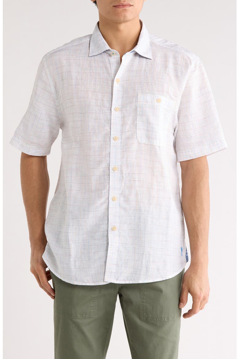 Sand Prism Linen Blend Check Short Sleeve Button-Up Shirt, Main, color, WHITE