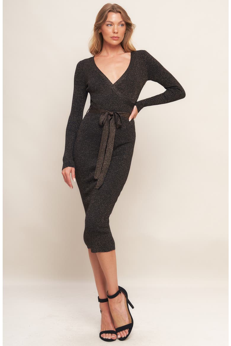 Long Sleeve Metallic Rib Midi Dress, Alternate, color, BLACK BRONZE