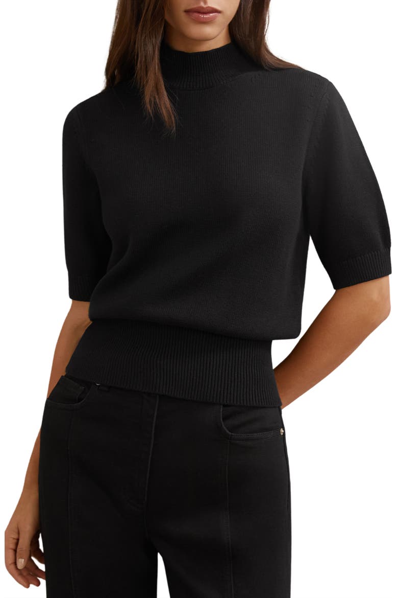 Aria Mock Neck Cotton & Wool Sweater, Main, color, BLACK