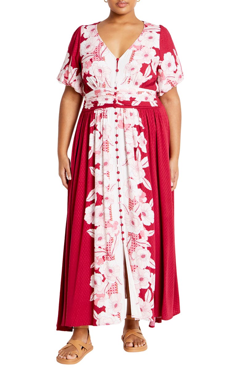 City Chic Sybelle Shirred Waist Print Maxi Dress, Main, color, 