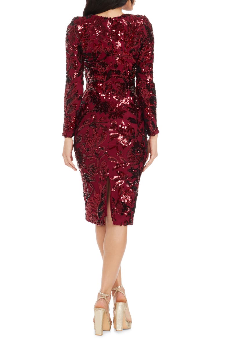 Emmalyn Floral Sequin Long Sleeve Body-Con Cocktail Dress, Alternate, color, PORT
