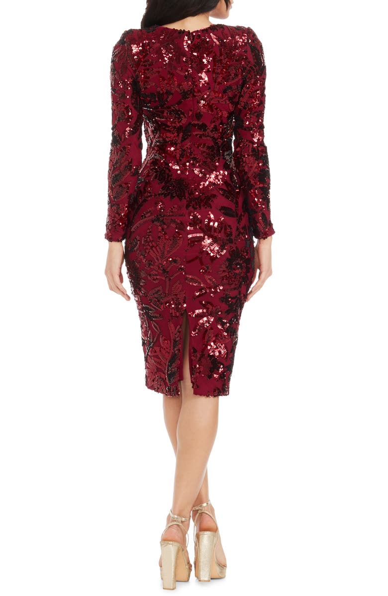 Dress the Population Emmalyn Floral Sequin Long Sleeve Body-Con Cocktail Dress, Alternate, color, Port