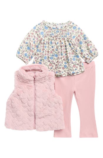 Rare Editions Top, Faux Fur Vest & Leggings Set In Multi