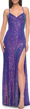 La Femme Irridescent Sequin Long Prom Gown with Lace Up Back