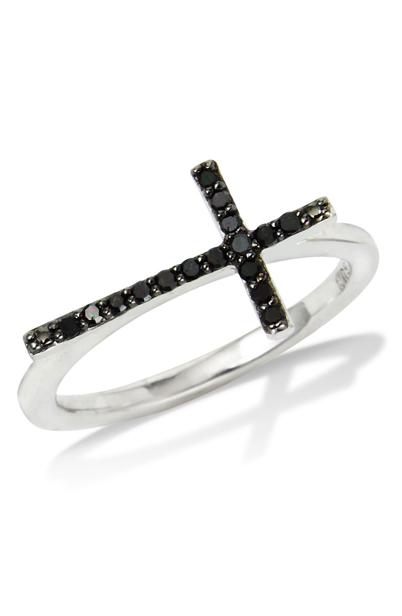 SAVVY CIE JEWELS Sterling Silver Black Diamond Sideways Cross Ring - 0.1 ctw