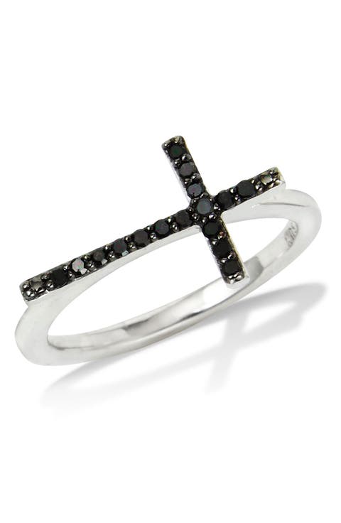 Sterling Silver Black Diamond Sideways Cross Ring - 0.1 ctw