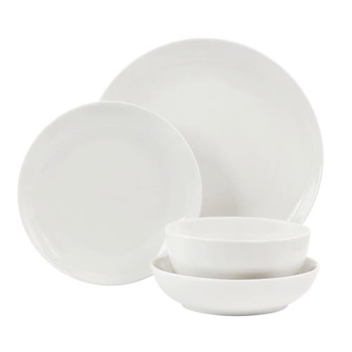 Elama Camellia 16 Piece Porcelain Double Bowl Dinnerware Set In White