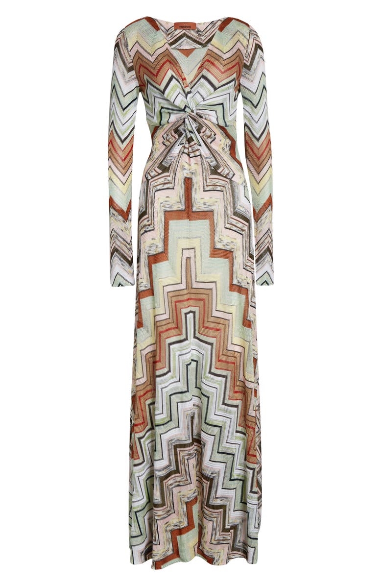 Missoni Long Sleeve Twist Front Zigzag Knit Maxi Dress, Main, color, Multi Green Camel White Pink