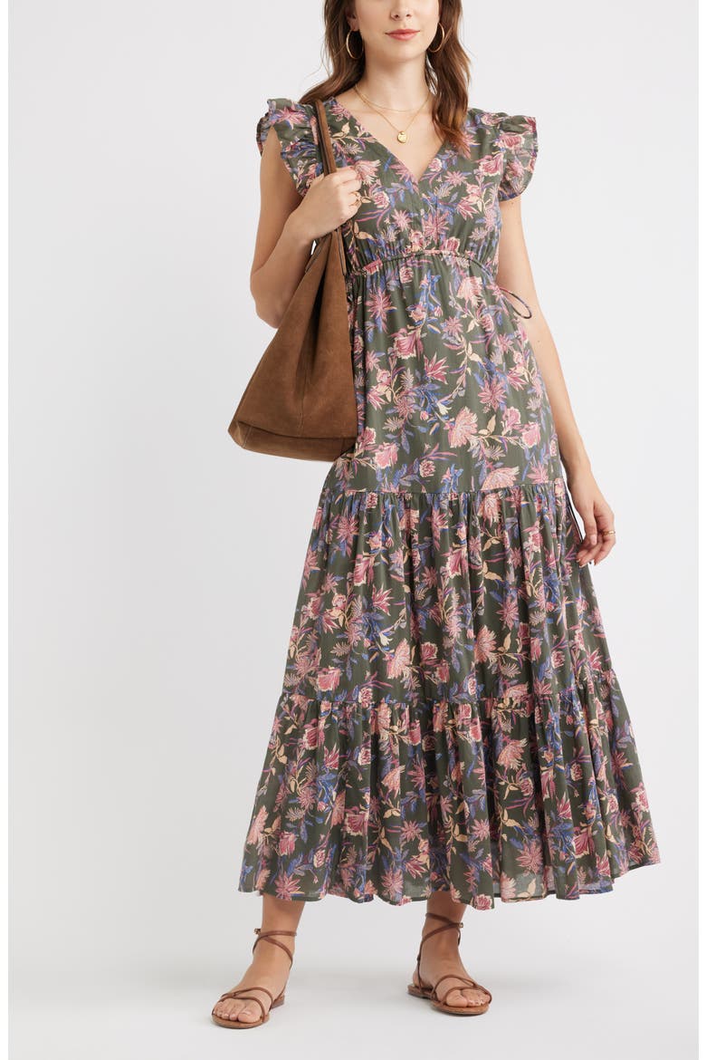 Floral Print Cotton Midi Dress, Alternate, color, OLIVE FROU FLORAL