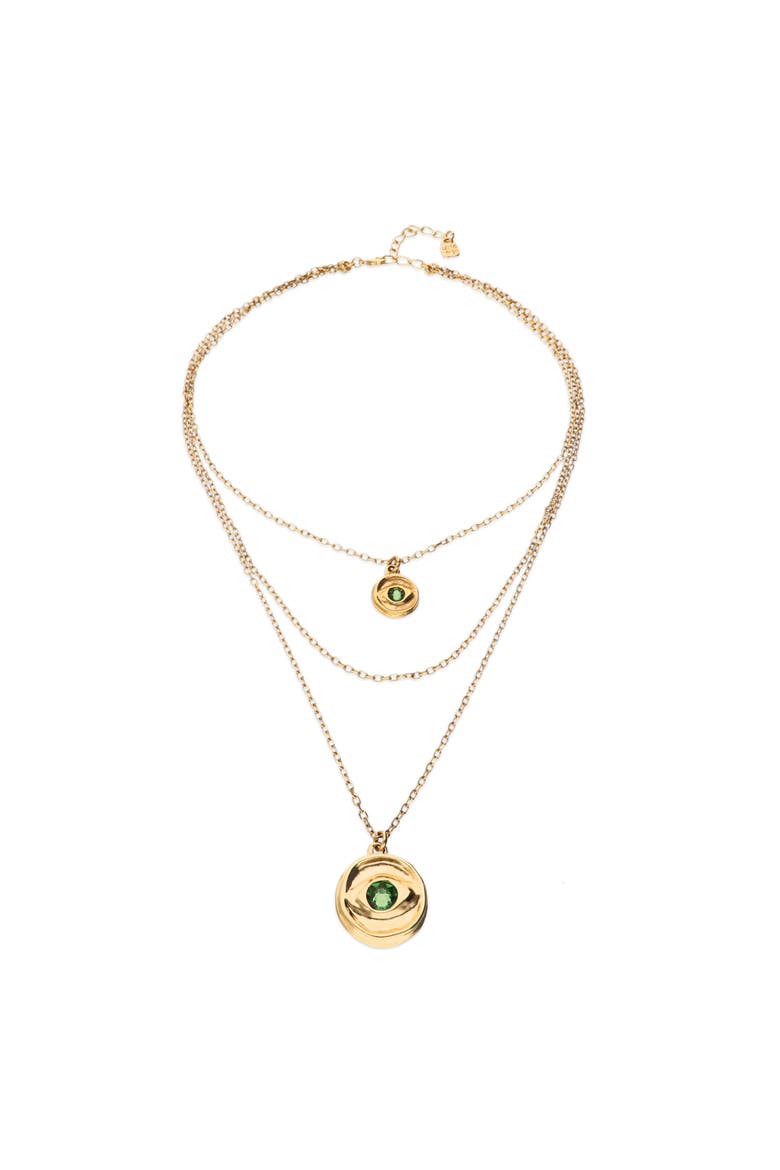 Triple Necklace Plated in 18K Gold with 2 Eye Charms and Green Faceted Crystal, Alternate, color, Gold