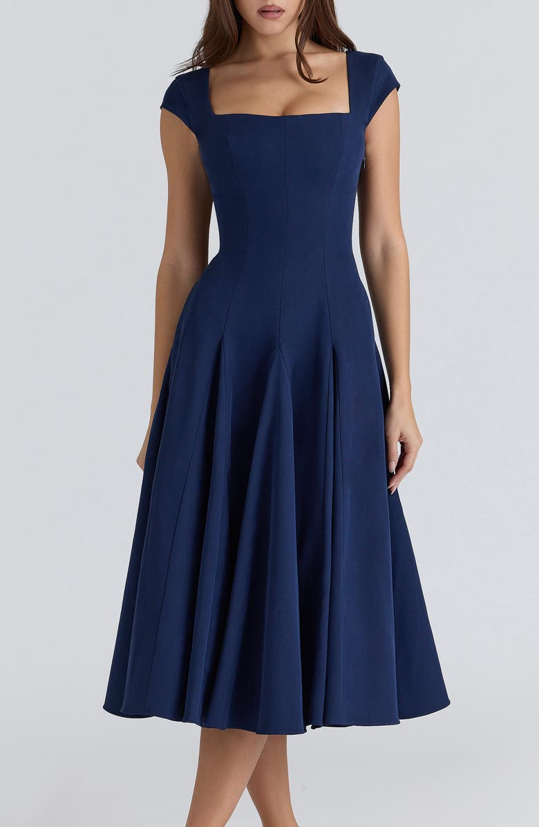 HOUSE OF CB Raisa Square Neck Peached Twill Cocktail Dress, Alternate, color, Navy