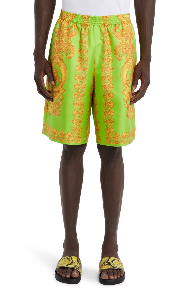 Versace Barocco Print Silk Shorts, Main, color, 