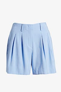Blue mid-length shorts.