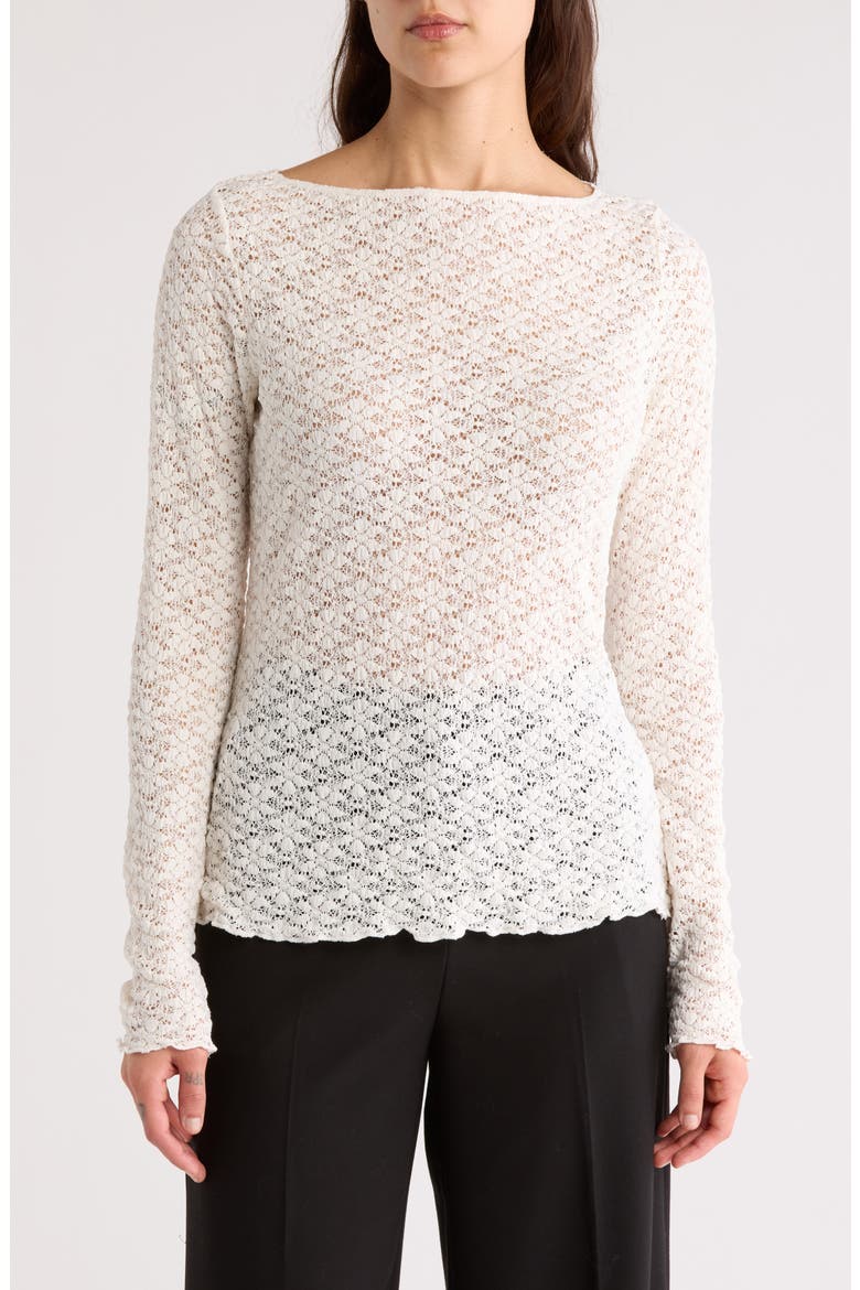 Neck Long Sleeve Lettuce Edge Top, Main, color, MILK