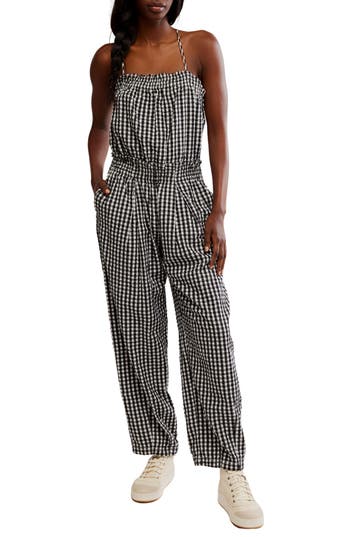 Free People Retro Heatwave Cotton Gingham Jumpsuit In Black