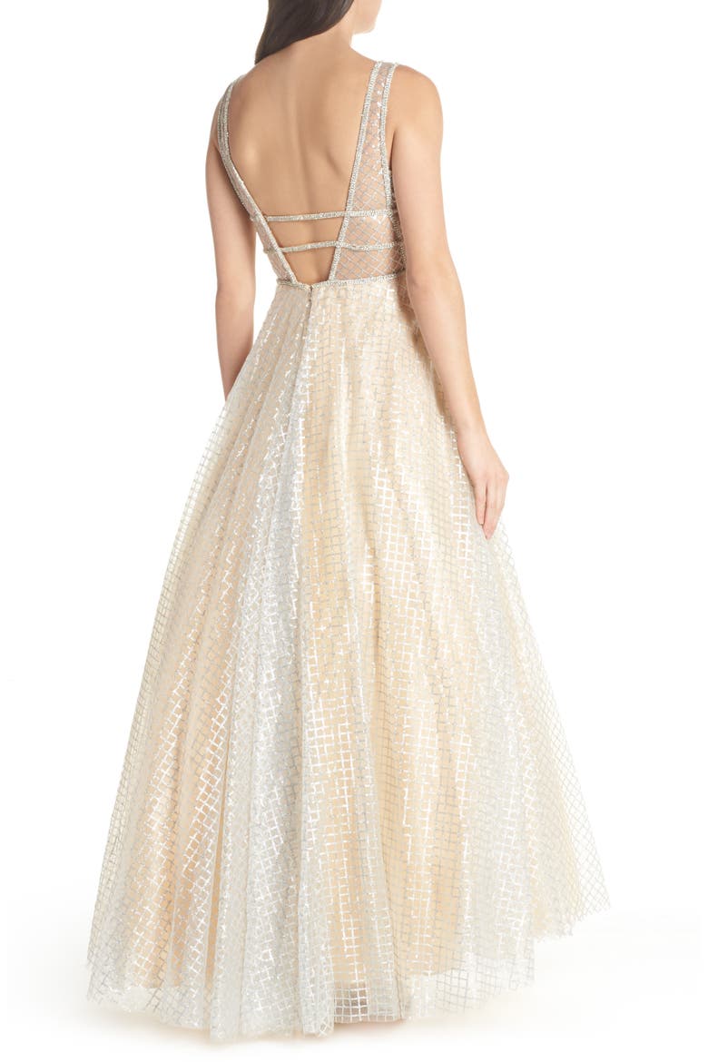 Sequin Illusion Neck A-Line Gown, Alternate, color, NUDE/ SILVER