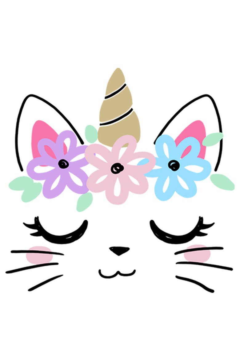 Girl's Lost Gods Kitty Unicorn with Flower Crown Graphic Tee, Alternate, color, White