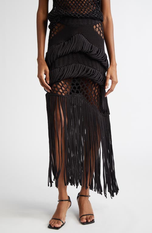 Diotima Medusa Loop & Fringe Crochet Midi Skirt in Black 