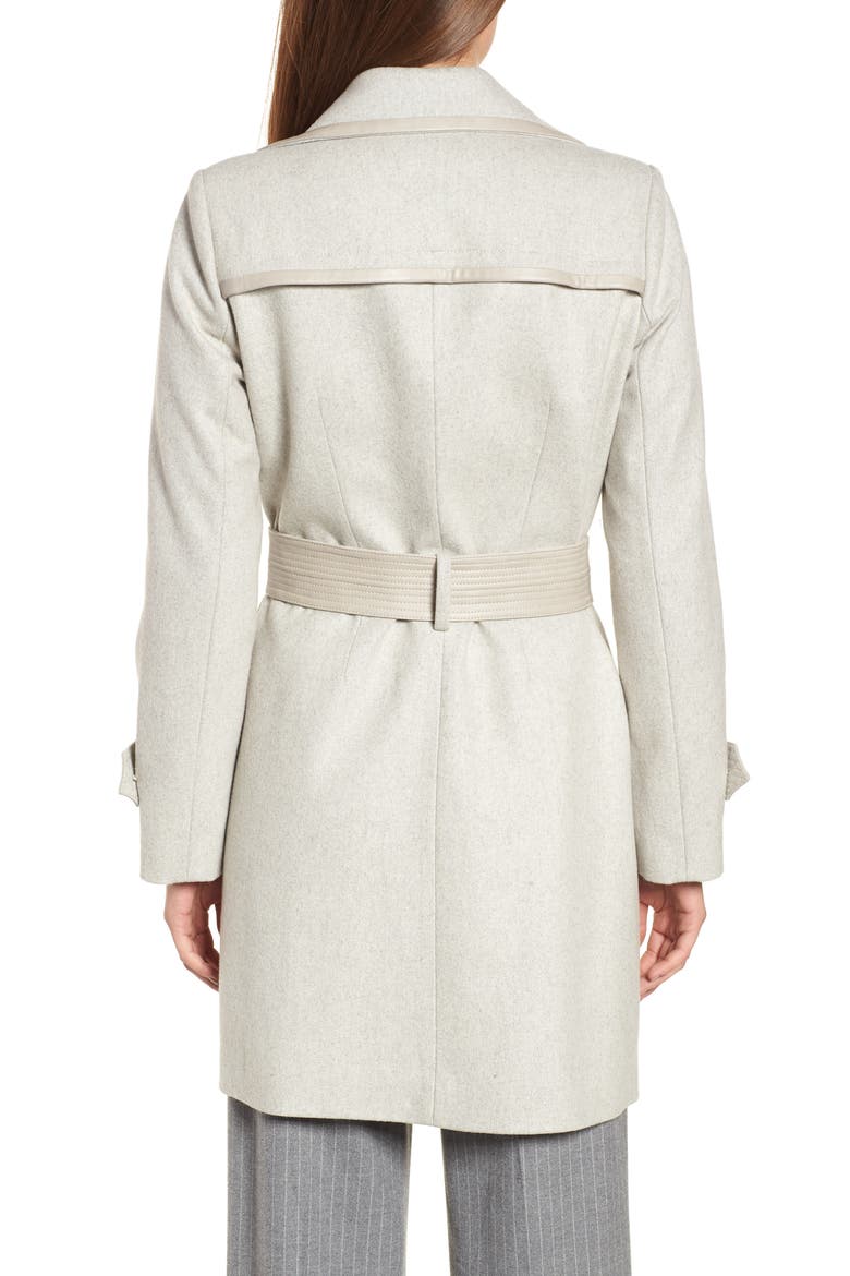 Badgley Mischka Faux Leather Trim Wool Blend Coat, Alternate, color, FLINT