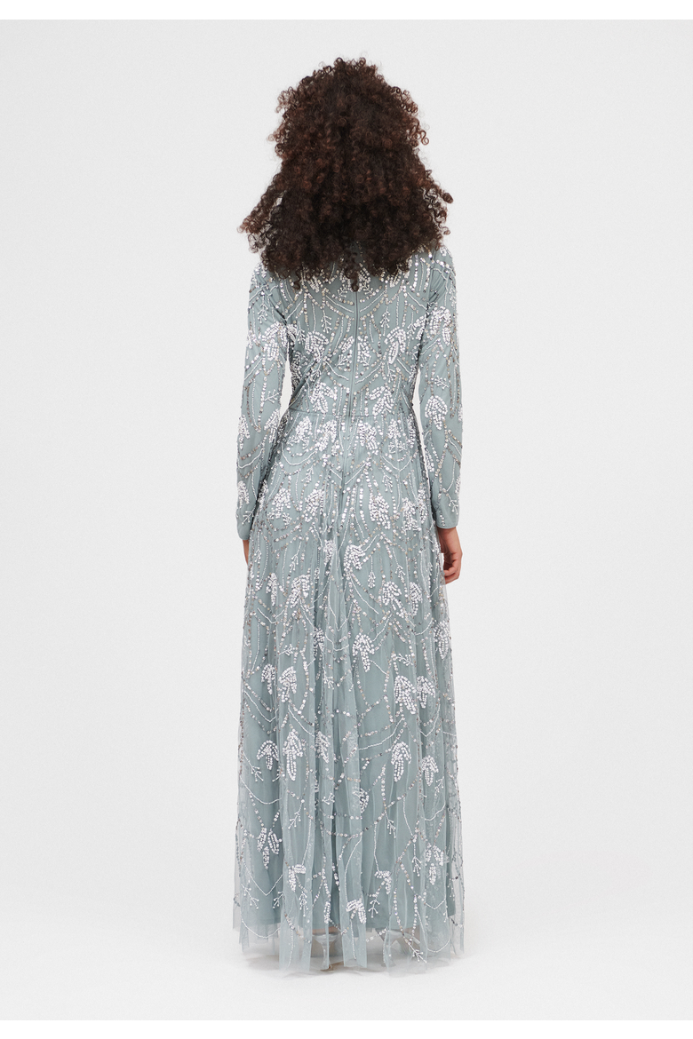 Occasion Modest Embellished Sequin Beaded Floral Evening Maxi Dress, Alternate, color, MISTY GREY