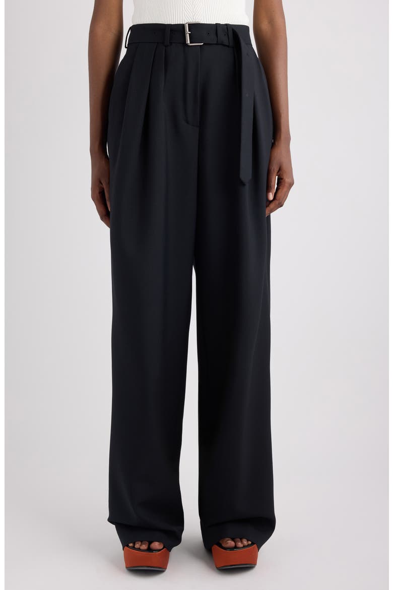 Peaches Belted Pleated Wide Leg Wool & Mohair Twill Trousers, Main, color, BLACK