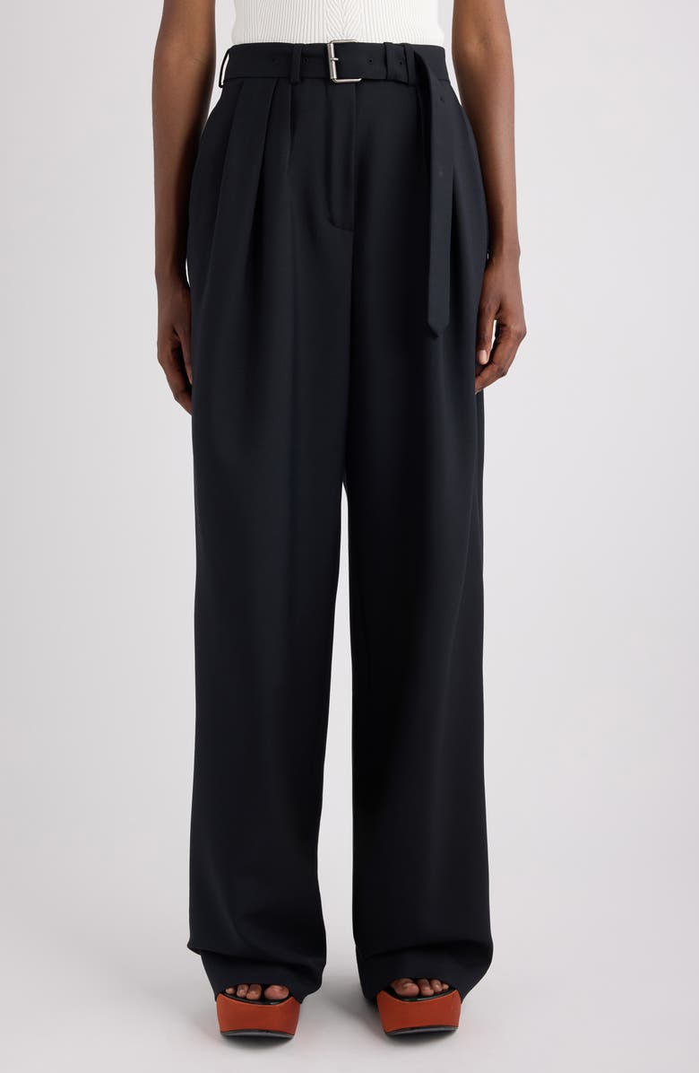 Dries Van Noten Peaches Belted Pleated Wide Leg Wool & Mohair Twill Trousers, Main, color, Black