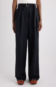 Dries Van Noten Peaches Belted Pleated Wide Leg Wool & Mohair Twill Trousers