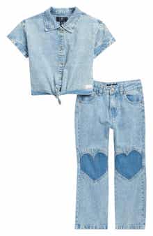 Kids' Tie Hem Shirt & Heart Patch Jeans Set