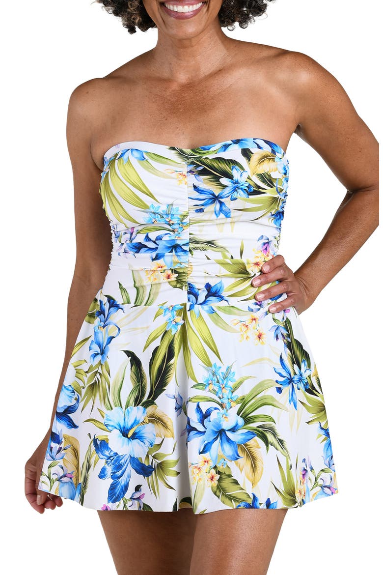 Serenity Shirred Bandeau Swimdress, Alternate, color, WHITE