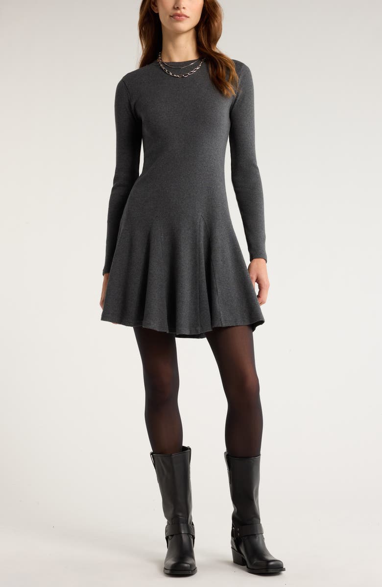 Treasure 
Bond Long Sleeve Fit 
Flare Minidress, Main, color, Grey Dark Charcoal Heather