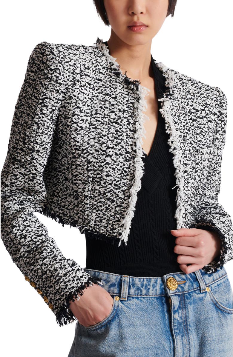 Balmain Cropped Tweed Jacket, Alternate, color, Black