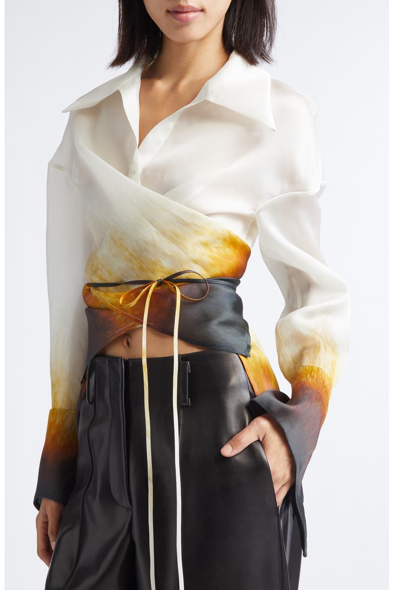 Rust Edge Convertible Silk Organza Wrap Shirt, Alternate, color, IVORY RUST