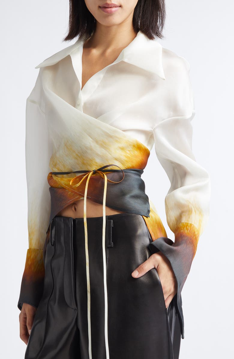 GRACE LING Rust Edge Convertible Silk Organza Wrap Shirt, Alternate, color, Ivory Rust