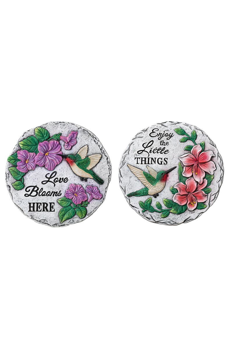 Glitzhome Set of 2 Cement Hummingbird & Flower Textured Stepping Stones, Main, color, White