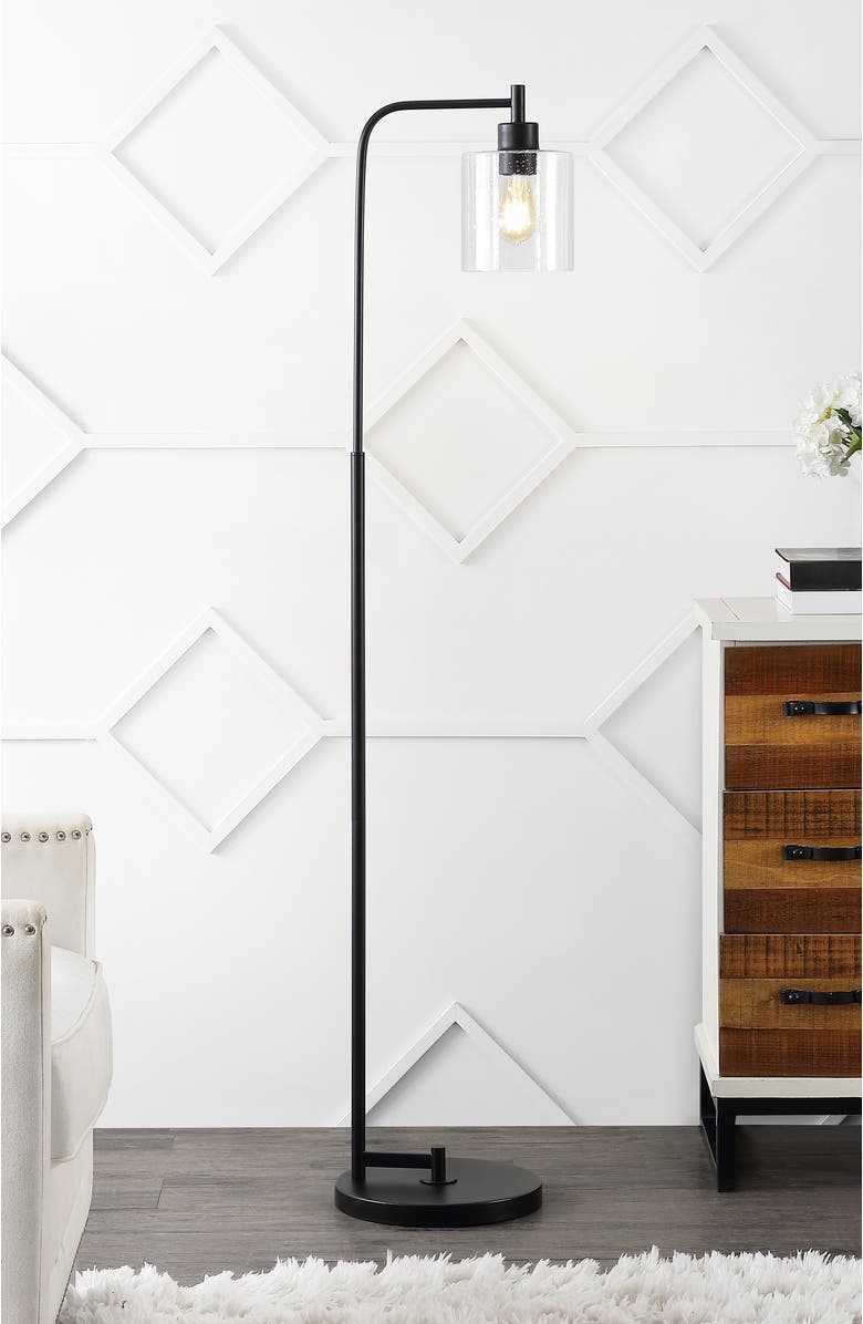 JONATHAN Y Axel Modern 60" Iron/Seeded Glass Farmhouse Industrial LED Floor Lamp, Black, Alternate, color, Black