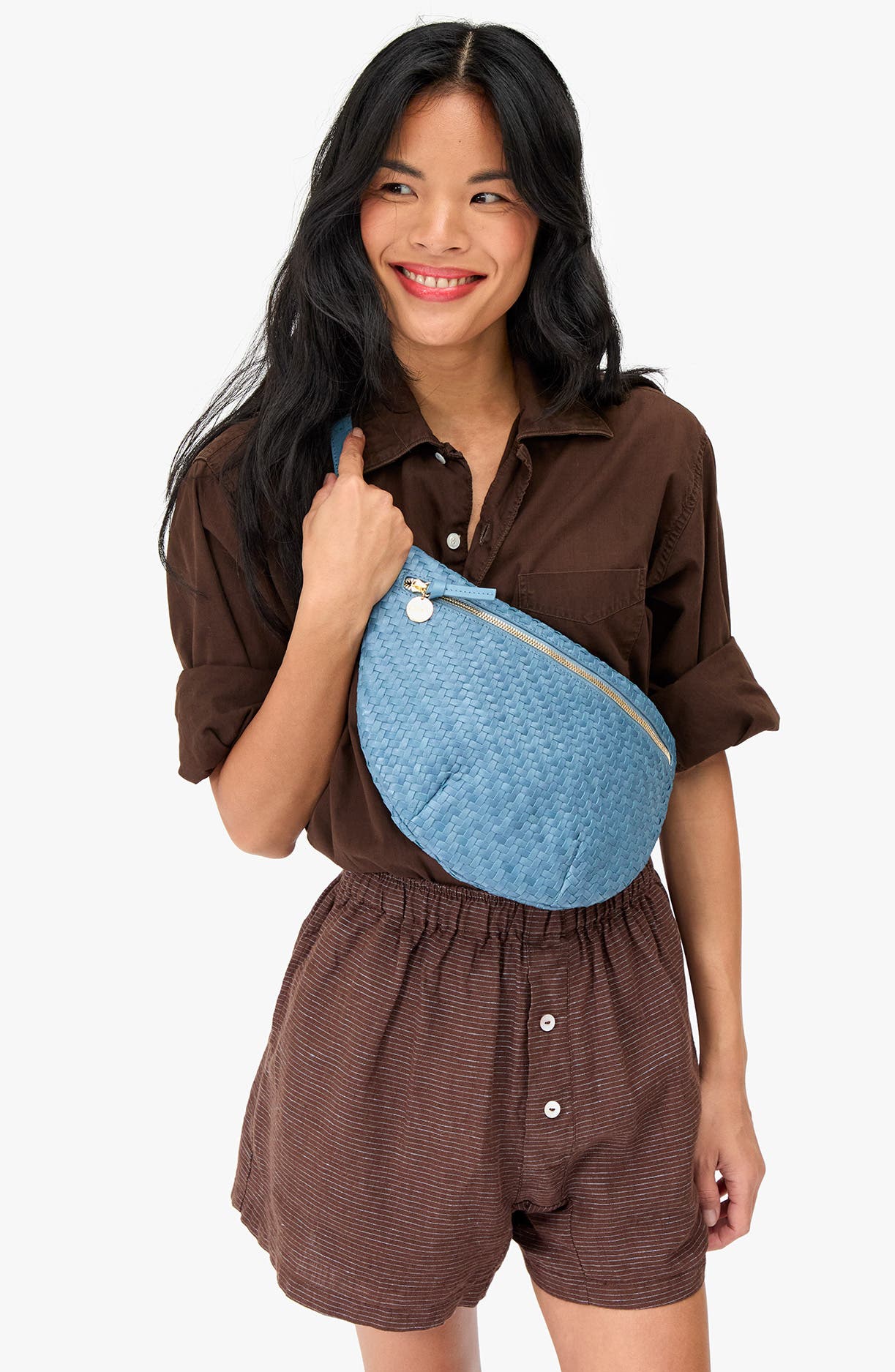 Grande Fanny Woven Zig Zag Leather Belt Bag, Alternate, color, DUSTY BLUE