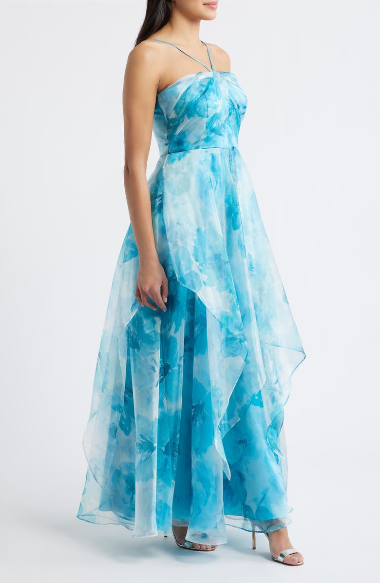 Eliza J Handkerchief Halter Evening Gown, Alternate, color, Blue Multi