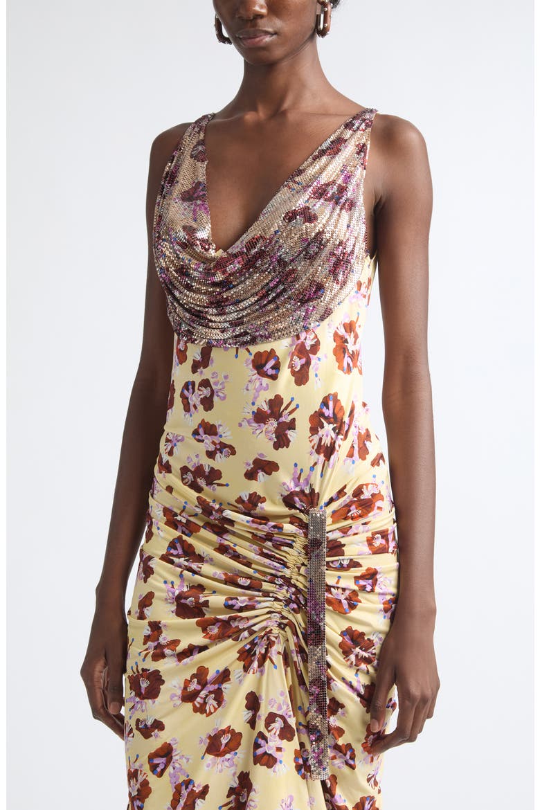 Chain Mail Floral Ruched Cowl Neck Dress, Alternate, color, FLOWER TRIMS CREAM/ RED